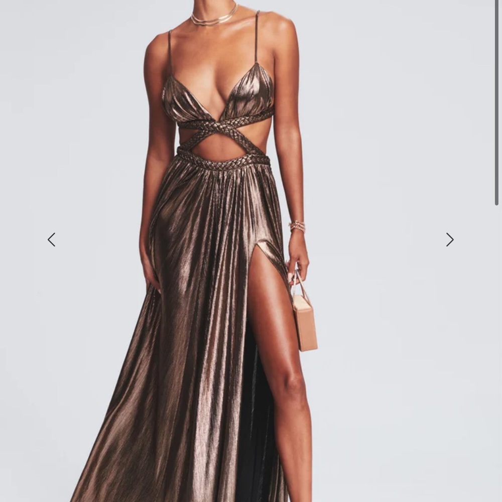 Retrofete Metallic Bronze Cutout Maxi Gown with High Slit